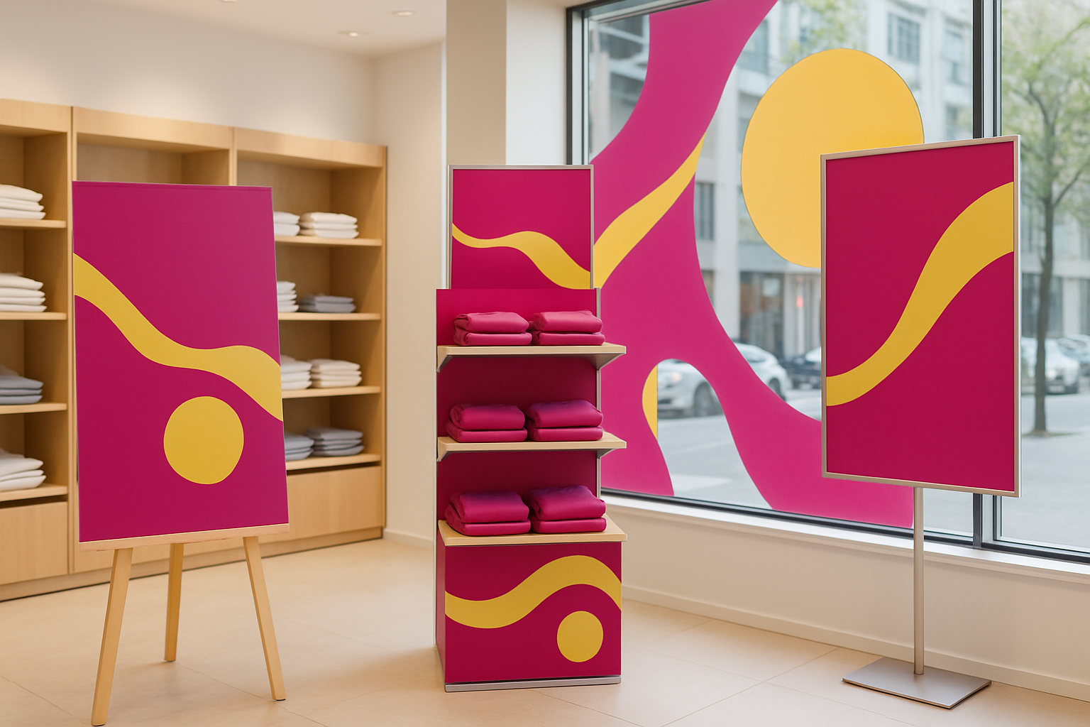 A retail store interior with coordinated in-store marketing and POP displays